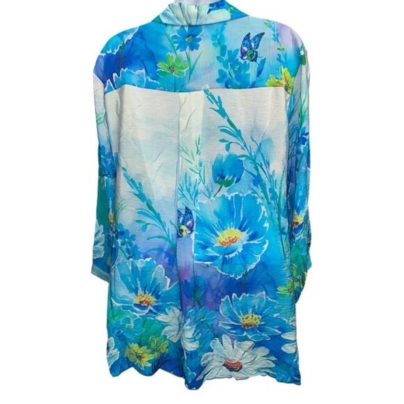 Ali Miles 1X Top Blue Floral Butterfly Rayon Nylon Crepe Button Up 3/4 Sleeves - Picture 5 of 5